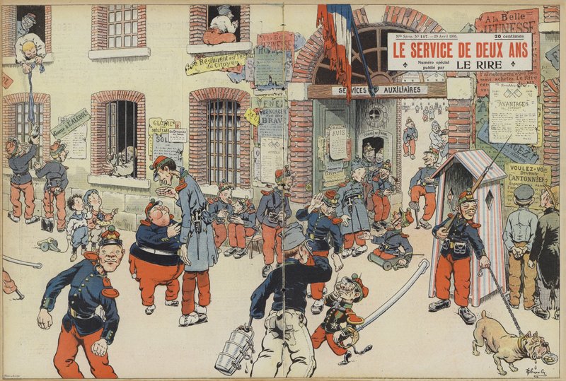 Satiiri asevelvollisuuden käyttöönotosta Ranskan armeijassa. Kuvitus Le Rirelle (väri litho) tekijältä French School