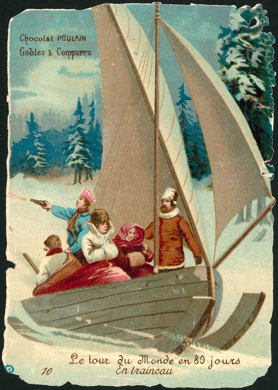 Jules Vernen (chromolitho) kohtaus elokuvasta Maailman ympäri kahdeksassakymmenessä päivässä tekijältä French School