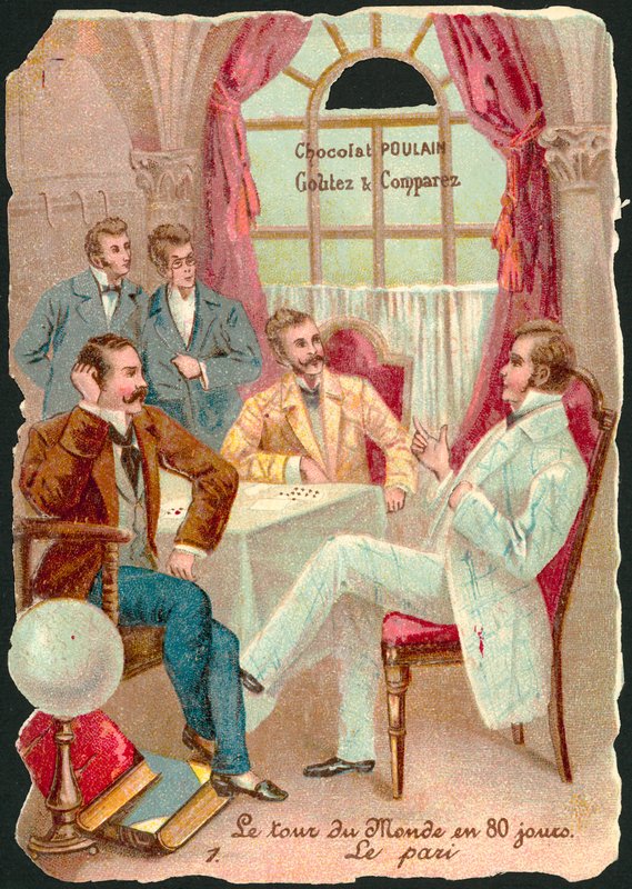 Jules Vernen (chromolitho) kohtaus elokuvasta Maailman ympäri kahdeksassakymmenessä päivässä tekijältä French School