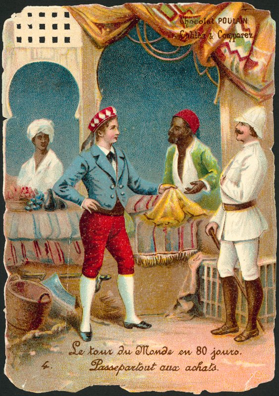 Jules Vernen (chromolitho) kohtaus elokuvasta Maailman ympäri kahdeksassakymmenessä päivässä tekijältä French School