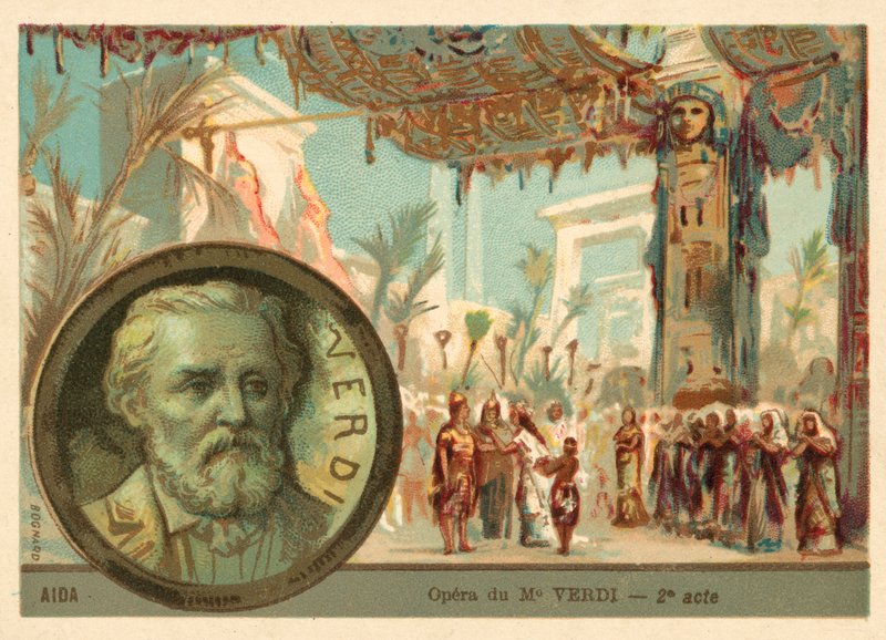 Kohtaus Giuseppe Verdin oopperasta Aida (chromolitho) tekijältä French School