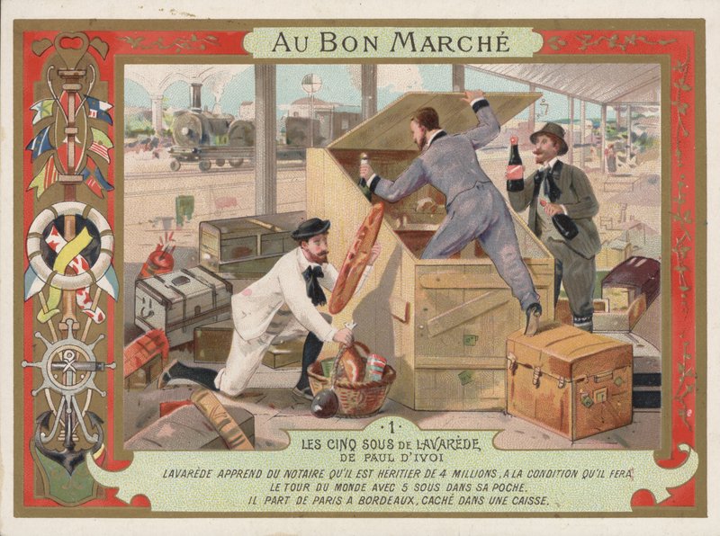 Kohtaus Paul Ivoin (chromolitho) romaanista Les Cinq Sous de Lavarede tekijältä French School