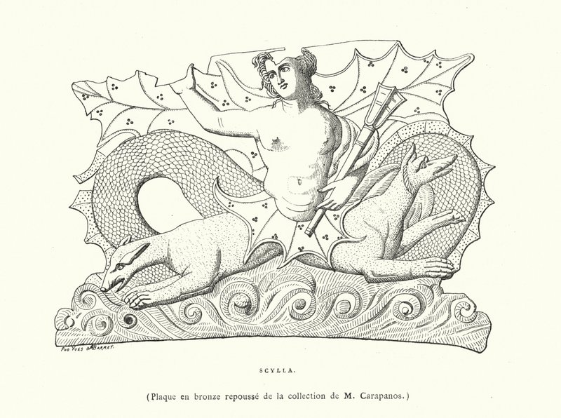 Scylla, antiikin kreikkalainen pronssilaatta (kaiverrus) tekijältä French School