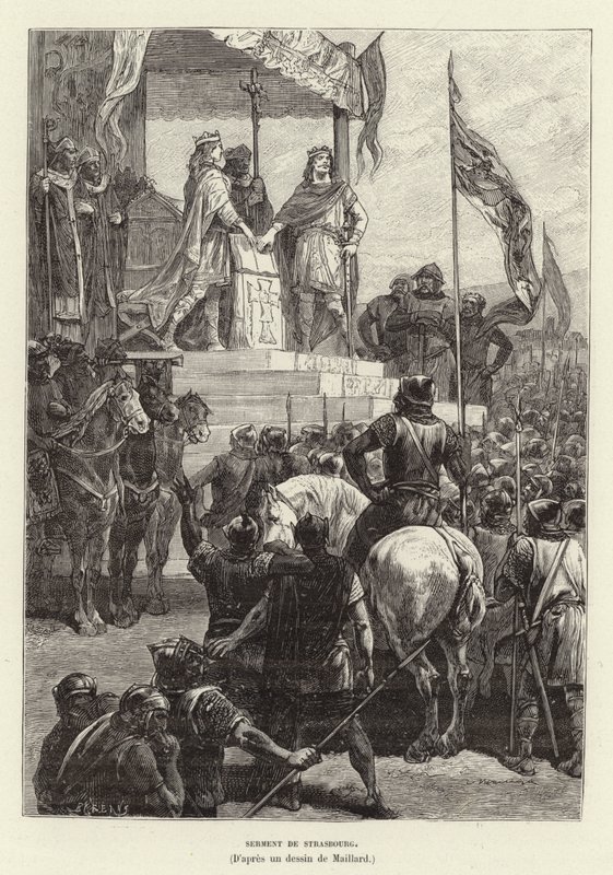 Serment de Strasbourg. Oaths of Strasbourg, Ludvig Saksan ja Kaarle Kaljuun, Itä- ja Länsi-Fransian kuningasten liitto, 842 (kaiverrus) tekijältä French School
