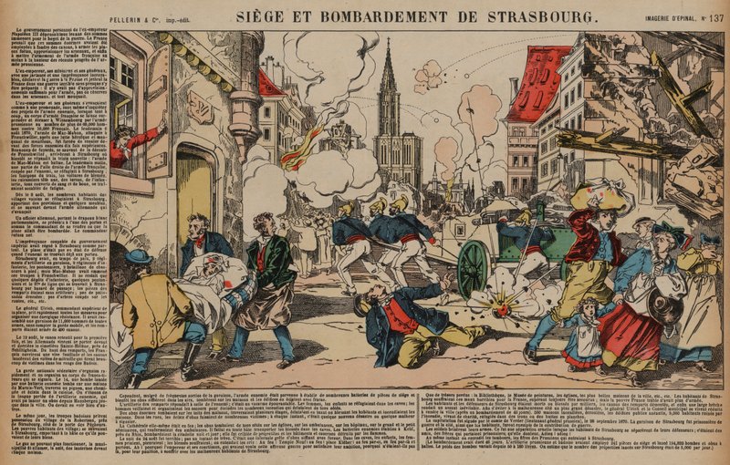 Strasbourgin piiritys ja pommitukset, Ranskan ja Preussin sota, elo-syyskuu 1870 (värillinen kaiverrus) tekijältä French School
