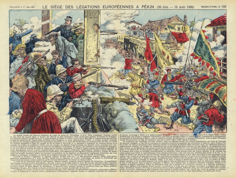 Euroopan lähetystöjen piiritys Pekingissä, nyrkkeilijäkapina, Kiina, 20. kesäkuuta - 15. elokuuta 1900 (värilitografia). tekijältä French School