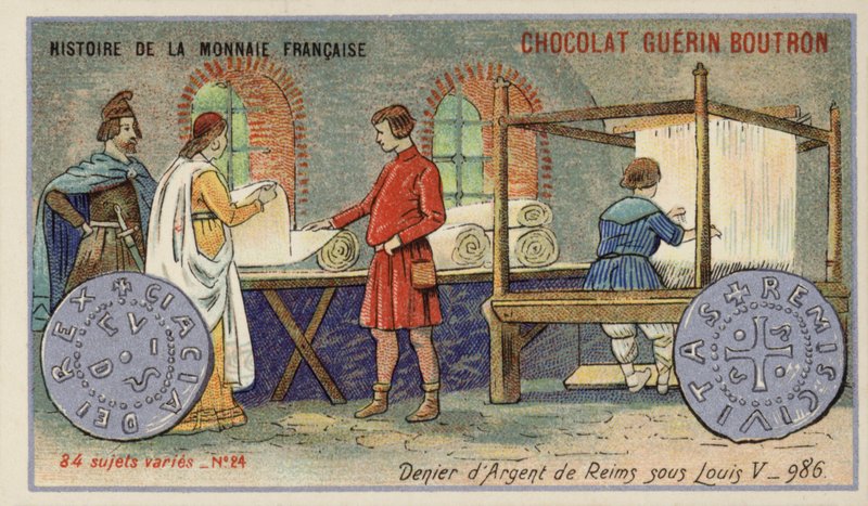 Reimsin hopea denieri Ludvig V:n hallituskaudelta, 986 (chromolitho) tekijältä French School