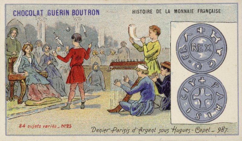 Hugh Capetin hallituskauden hopea denierin pariisi, 987 (chromolitho) tekijältä French School