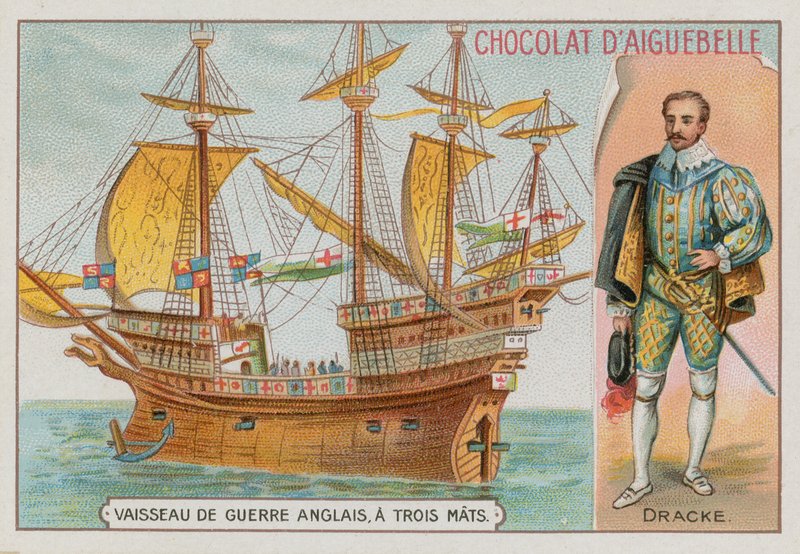 Sir Francis Drake ja kolmimastoinen englantilainen sotalaiva tekijältä French School