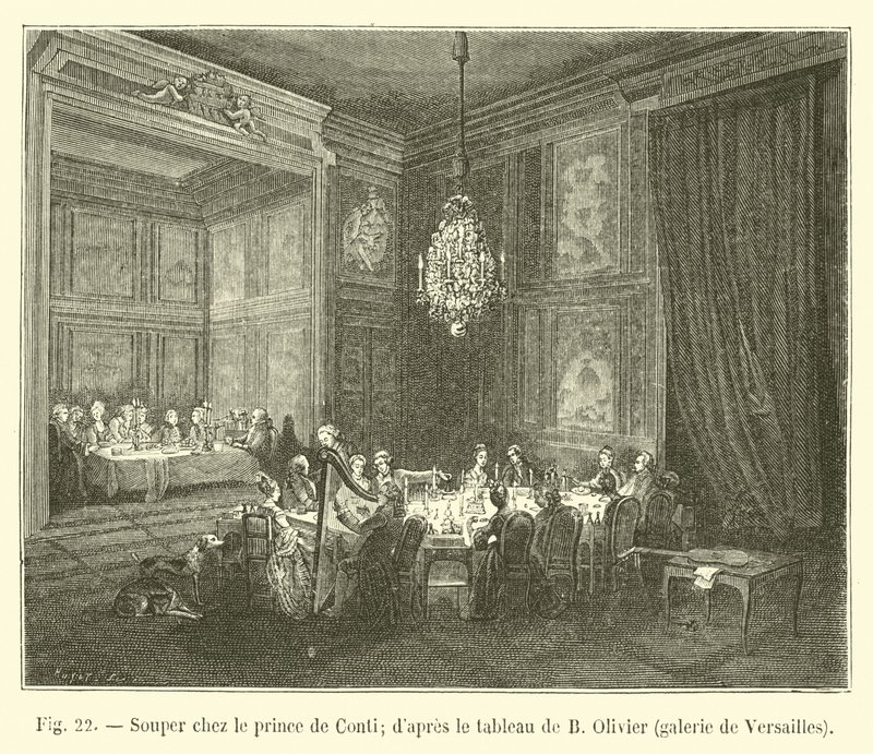 Illallinen prinssi de Contin kanssa; B Olivierin maalauksen jälkeen, Versaillesin galleria tekijältä French School