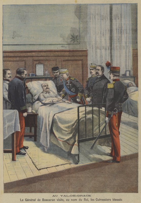 Espanjan kenraali Jose de Bascaran vierailee haavoittuneiden kirassien luona kuningas Alfonso XIII:n nimissä Val-de-Gracen sotilassairaalassa Pariisissa (väri litho) tekijältä French School