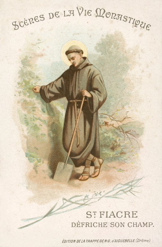 St Fiacre puhdistamassa peltoaan (chromolitho) tekijältä French School