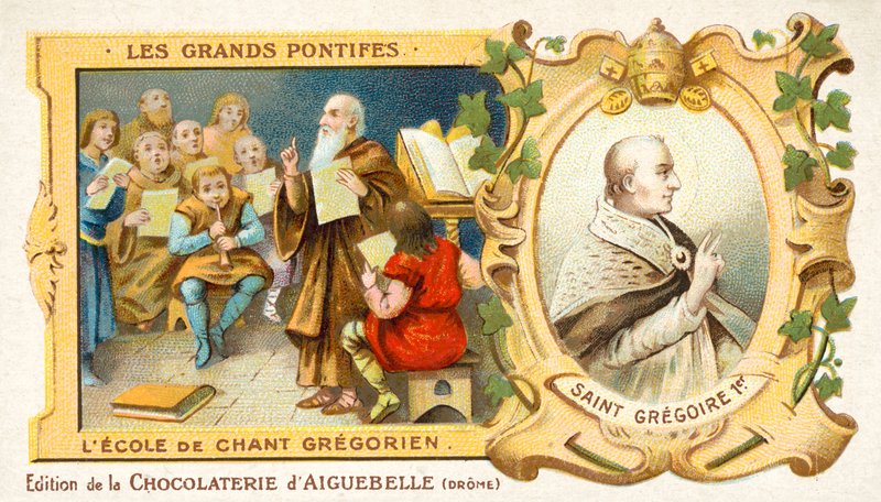 Pyhä Gregorius Suuri ja gregoriaanisen laulun koulu (chromolitho) tekijältä French School