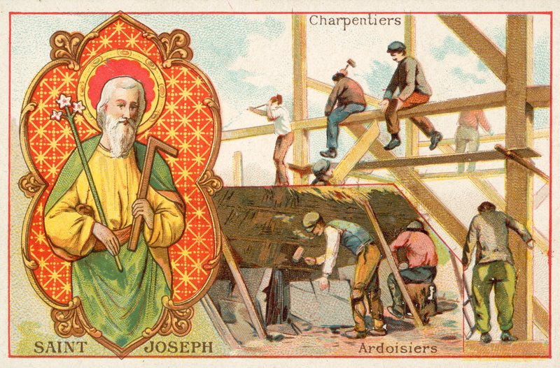 Pyhä Joosef, puuseppien ja kattotyöntekijöiden suojeluspyhimys (chromolitho) tekijältä French School