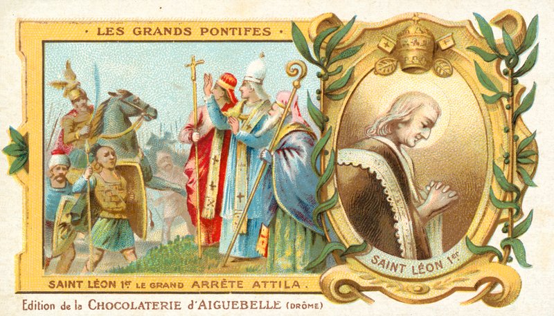 Pyhä Leo Suuri pysäyttää Attila Hunin valloituksen Italiassa, 452 (chromolitho) tekijältä French School