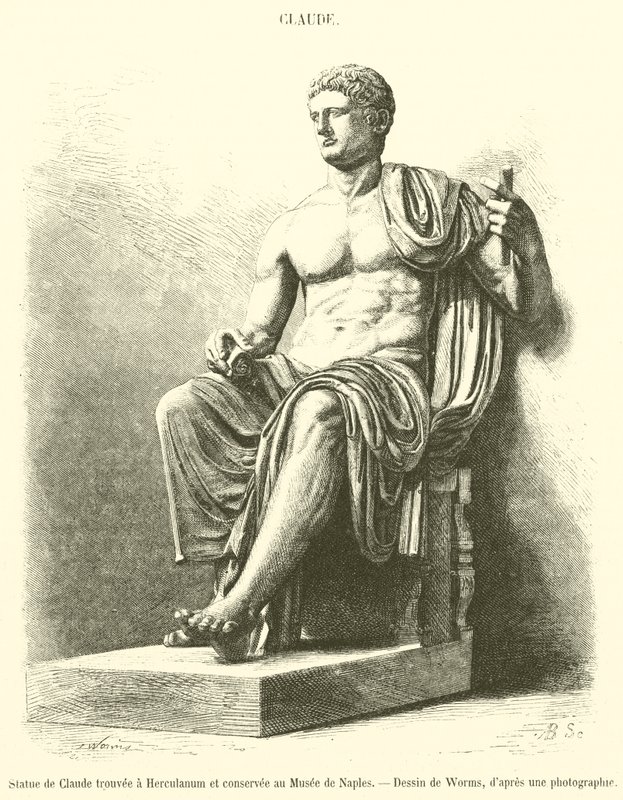 Claudiuksen patsas löydetty Herculaneumista ja säilytetty Napolin museossa (kaiverrus) tekijältä French School