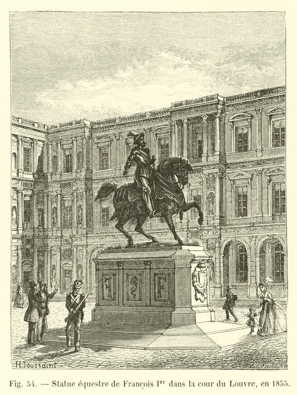 Francois I:n ratsastuspatsas Louvren pihalla vuonna 1855 tekijältä French School