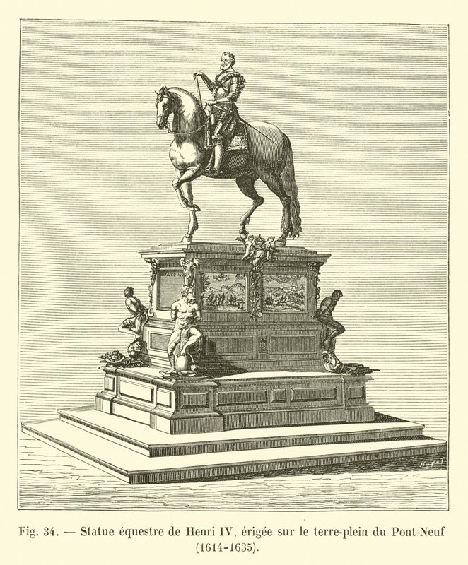 Henri IV:n ratsastuspatsas, pystytetty Pont-Neufin mediaaniin, 1614-1635 tekijältä French School