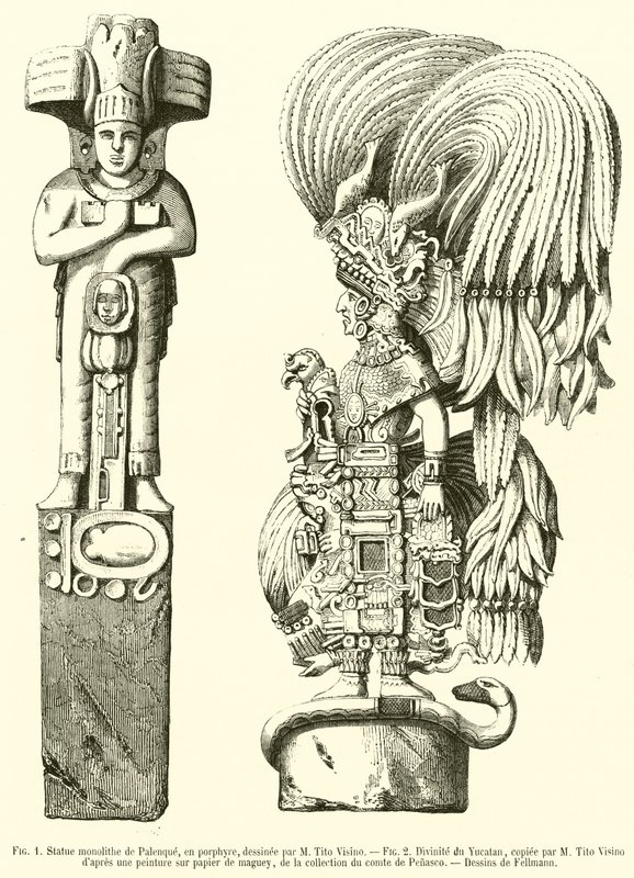 Monoliittinen Palenque-patsas, porfyyriä; Yucatanin jumalallisuus (kaiverrus) tekijältä French School