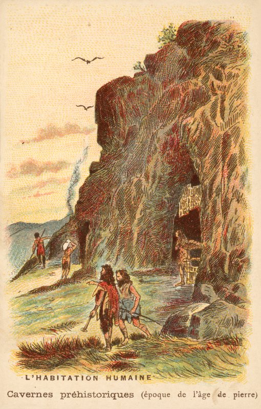 Kivikauden luola-asukkaat (chromolitho) tekijältä French School