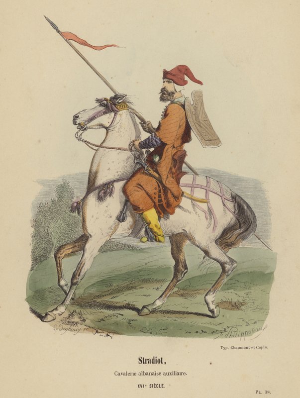 Stradiot, Albanian ratsuväki, XVI. vuosisata (värillinen kaiverrus) tekijältä French School