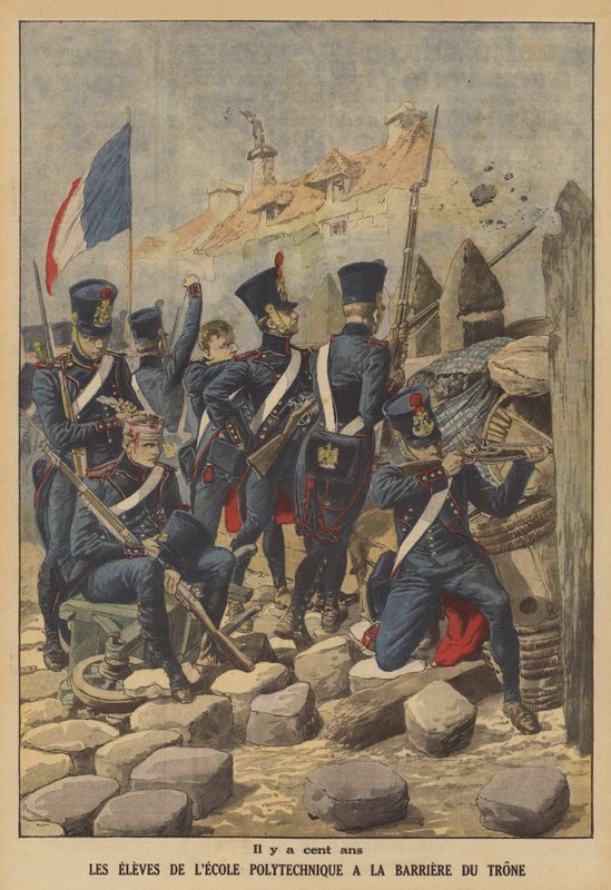 Ecole Polytechniquen opiskelijat puolustamassa Barriere du Tronea, yhtä Pariisin porteista, vuonna 1814 (värilitho) tekijältä French School