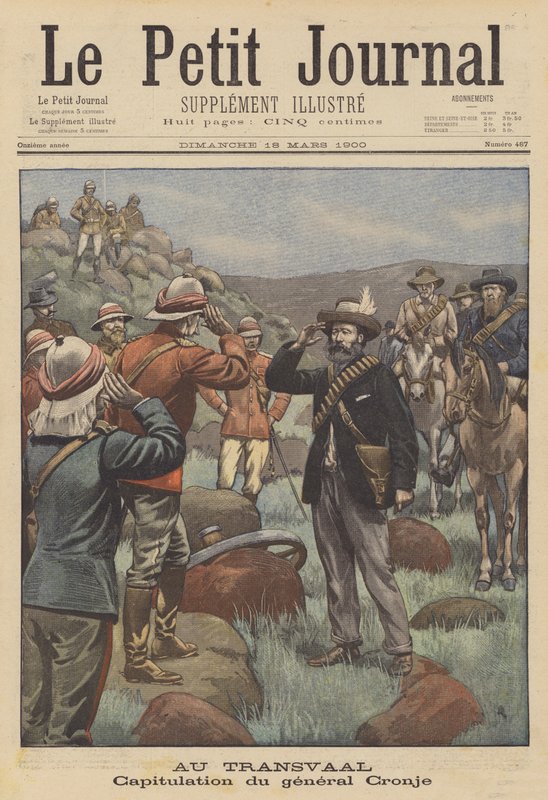 Kenraali Cronjen antautuminen briteille Paardebergin taistelun jälkeen (väri litho) tekijältä French School