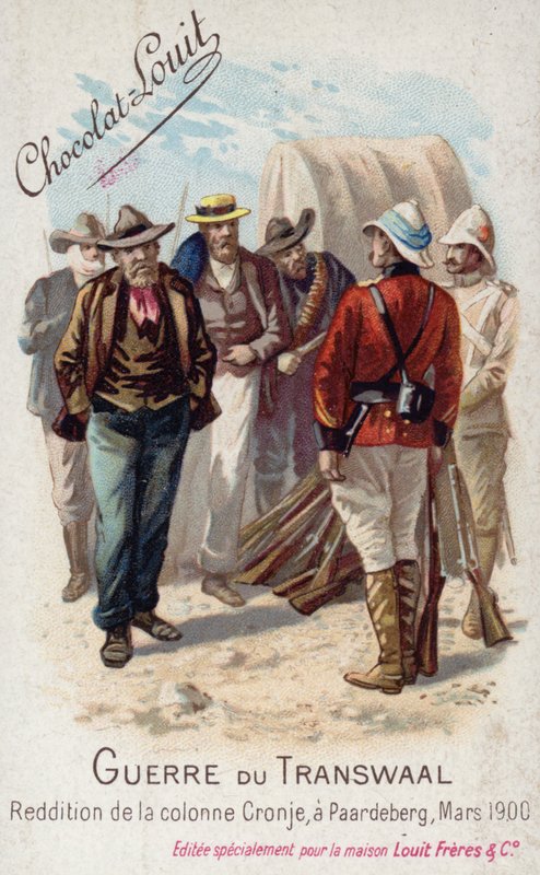 Piet Cronjen pylvään luovuttaminen briteille, Paardeberg, maaliskuu 1900 (chromolitho) tekijältä French School