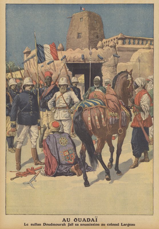 Wadain sulttaani Doudmourrahin antautuminen eversti Largeaun komennoille ranskalaisille joukoille (väri litho) tekijältä French School