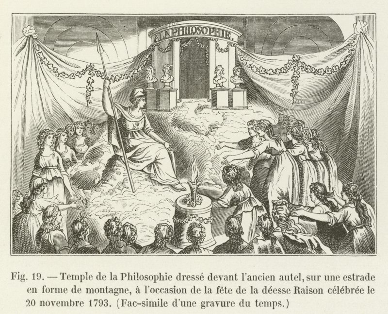 Filosofian temppeli seisoo vanhan alttarin edessä vuoren muotoisella alustalla järjen jumalattaren juhlan yhteydessä, jota vietettiin 20. marraskuuta 1793, faksimile aikaisesta kaiverruksesta (esim. tekijältä French School