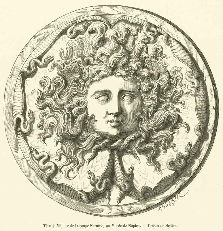 Medusan pää Farnese-kupista Napolin museossa (kaiverrus) tekijältä French School