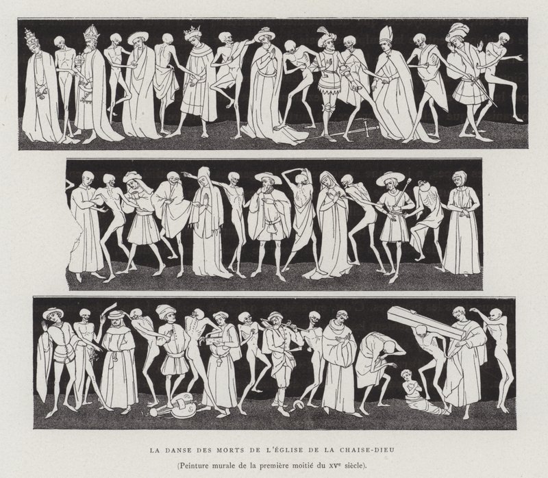 La Chaise-Dieun kirkon kuolleiden tanssi, 1400-luvun ensimmäinen puolisko (litho) tekijältä French School
