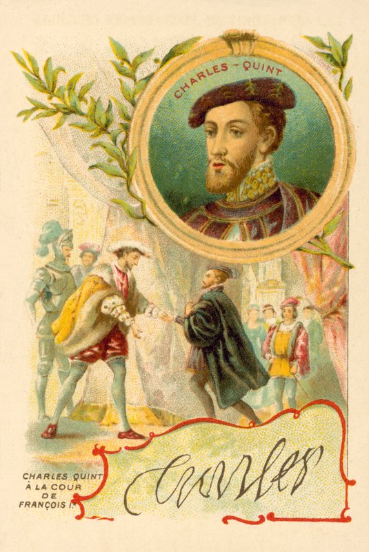 Keisari Kaarle V ranskalaisen Francis I:n hovissa (chromolitho) tekijältä French School