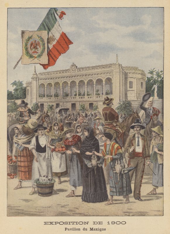 Meksikon paviljonki Exposition Universelle -näyttelyssä 1900 Pariisissa (värilitho) tekijältä French School