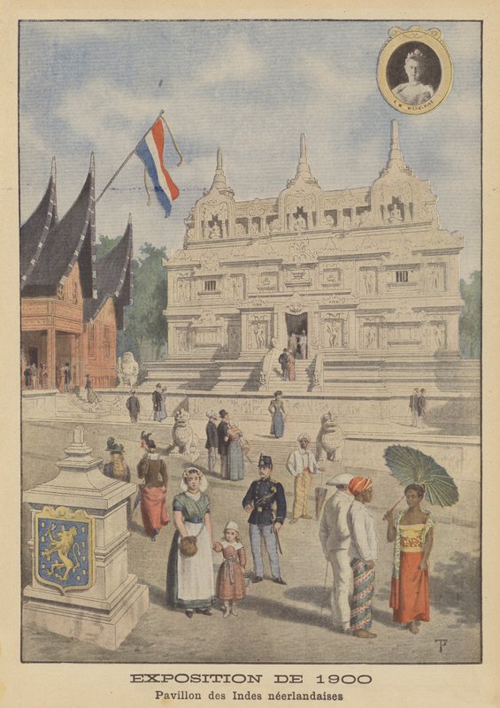 Hollannin Itä-Intian paviljonki Exposition Universelle -näyttelyssä 1900 Pariisissa (värilitho) tekijältä French School