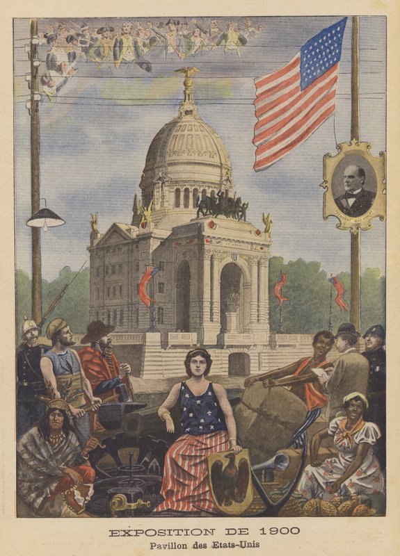 Yhdysvaltain paviljonki Exposition Universelle -näyttelyssä 1900 Pariisissa (värilitho) tekijältä French School