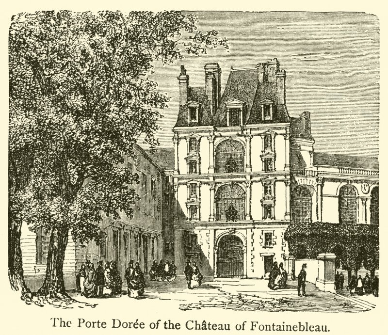 Fontainebleaun linnan Porte Doree (kaiverrus) tekijältä French School