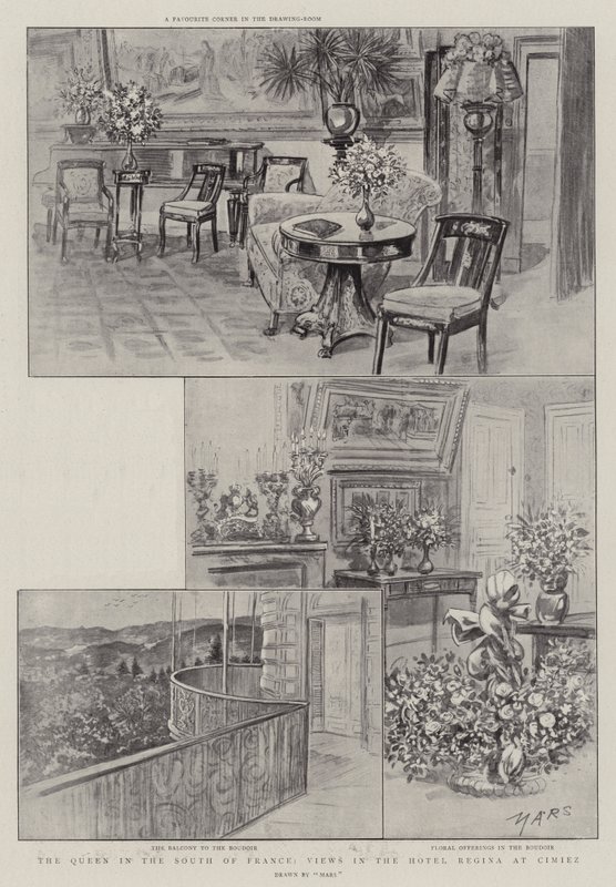 Kuningatar Etelä-Ranskassa, näkymät Hotel Regina at Cimiez (litho) tekijältä French School