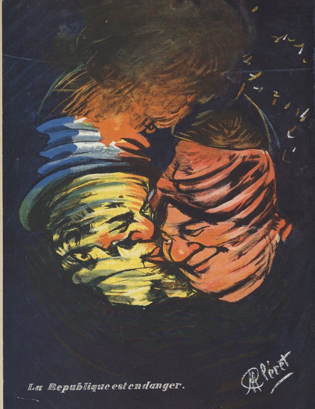 Tasavalta on vaarassa. Kuvitus Le Rirelle (väri litho) tekijältä French School