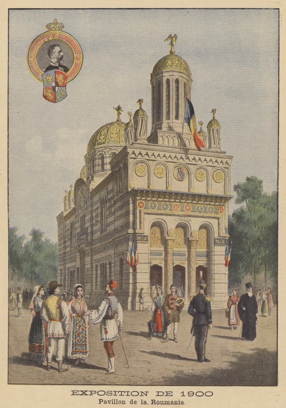Romanian paviljonki Exposition Universelle -näyttelyssä 1900 Pariisissa (värilitho) tekijältä French School