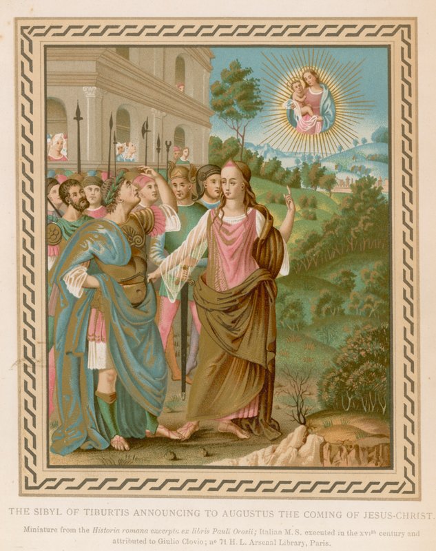 Tiburtiksen sibylla, joka ilmoittaa Augustukselle Jeesuksen Kristuksen tulemisesta (chromolitho) tekijältä French School