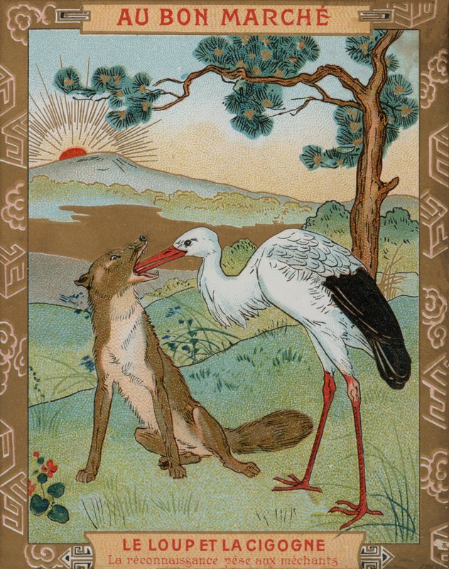 Susi ja kurki, yksi Aesopoksen taruista (chromolitho) tekijältä French School