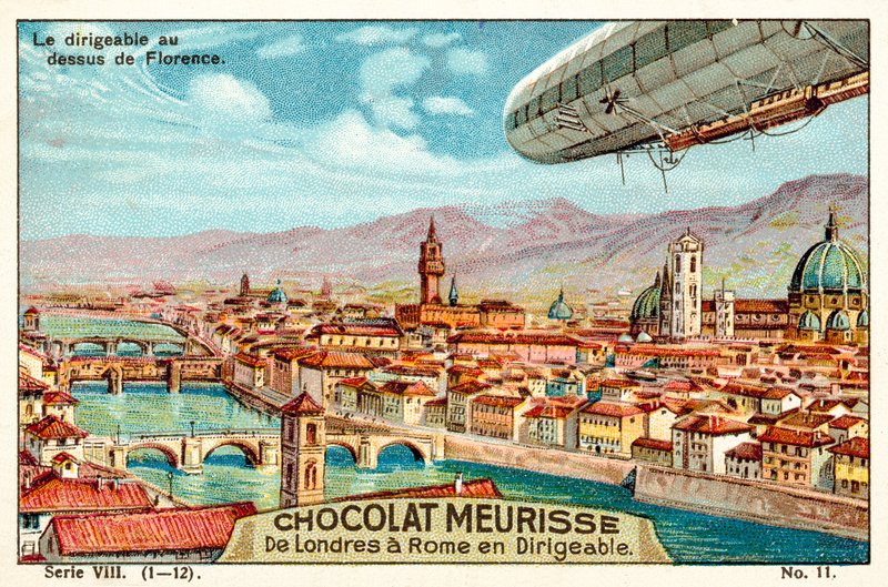 Ilmalaiva Firenzen yläpuolella (chromolitho) tekijältä French School