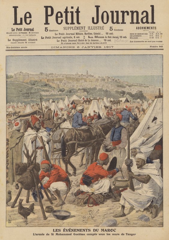 Mohammed Guebbasin armeija leiriytyi Marokon Tangerin muurien alle (väri litho) tekijältä French School