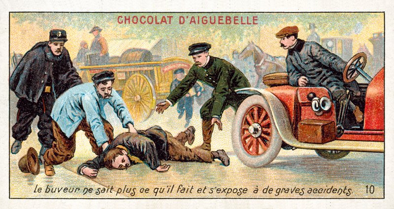 Juoppo ei tiedä mitä tekee ja altistaa itsensä vakaville onnettomuuksille (chromolitho) tekijältä French School