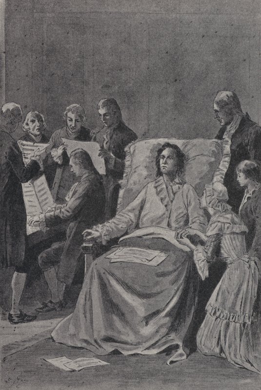Kuoleva Wolfgang Amadeus Mozart kuuntelee ystäviään esittämässä kantaattiaan Ystävyyden ylistykseen (kaiverrus) tekijältä French School