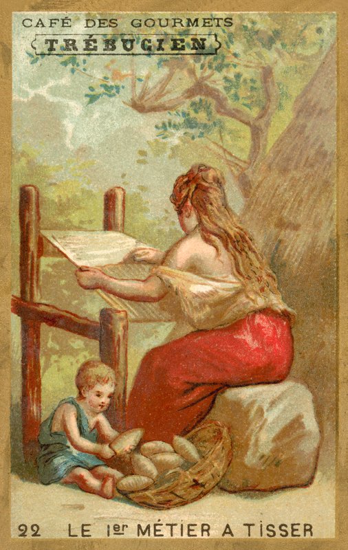 Ensimmäinen kangaspuu (chromolitho) tekijältä French School