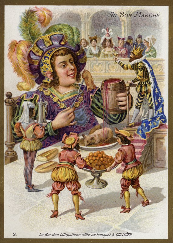 Lilliputtien kuningas järjestää juhlat Gulliverille (chromolitho) tekijältä French School