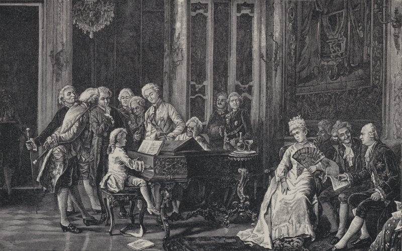 Seitsemänvuotias Wolfgang Amadeus Mozart soitti ennen kuningas Yrjö III:ta Lontoossa, 1764 tekijältä French School