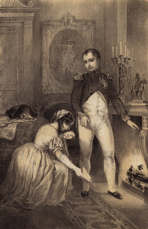 Preussin kenraalin Franz Ludwig von Hatzfeldin vaimo pyytää Napoleonia säästämään miehensä hengen (litho) tekijältä French School
